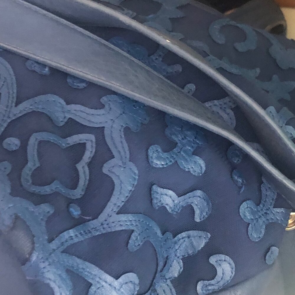 Blue Vachetta Scroll Leather & Lace Satchel Tote Bag - Picture 12 of 14